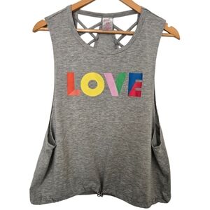 Y2K Love Graphic Tank Top Womens XL Strappy Back Cropped Cinch Hem Athleisure